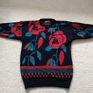 vintage 80s black red roses floral stripe sweater NWOT